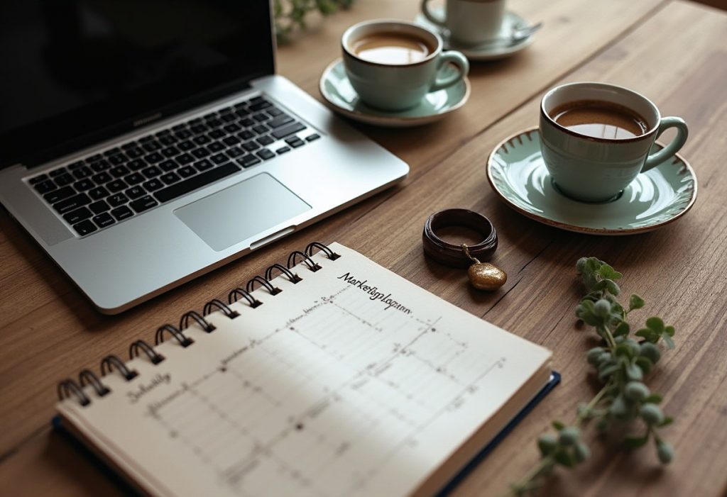 Ein Laptop mit Marketing-Strategien für Hochzeitsdienstleister, daneben Notizbuch und Kaffee auf einem Schreibtisch.