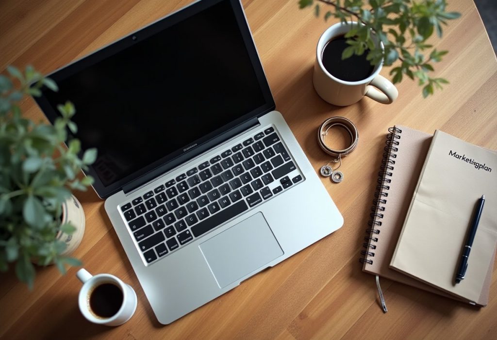 Ein Laptop mit Marketing-Strategien für Hochzeitsdienstleister, daneben Notizbuch und Kaffee auf einem Schreibtisch.