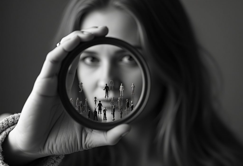 Eine Lupe fokussiert ein Paar in einer Menge – Symbol für das Finden von Traumkunden als Hochzeitsdienstleister.
