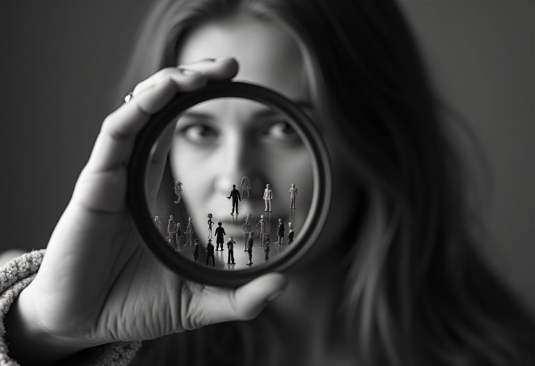 Eine Lupe fokussiert ein Paar in einer Menge – Symbol für das Finden von Traumkunden als Hochzeitsdienstleister.